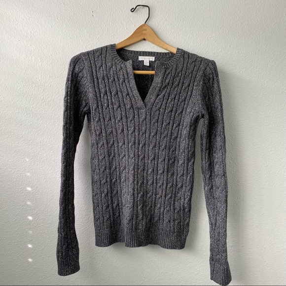 107. Grey with Silver V-Neck Long Sleeve Knit Sweater - Picture 13 of 14